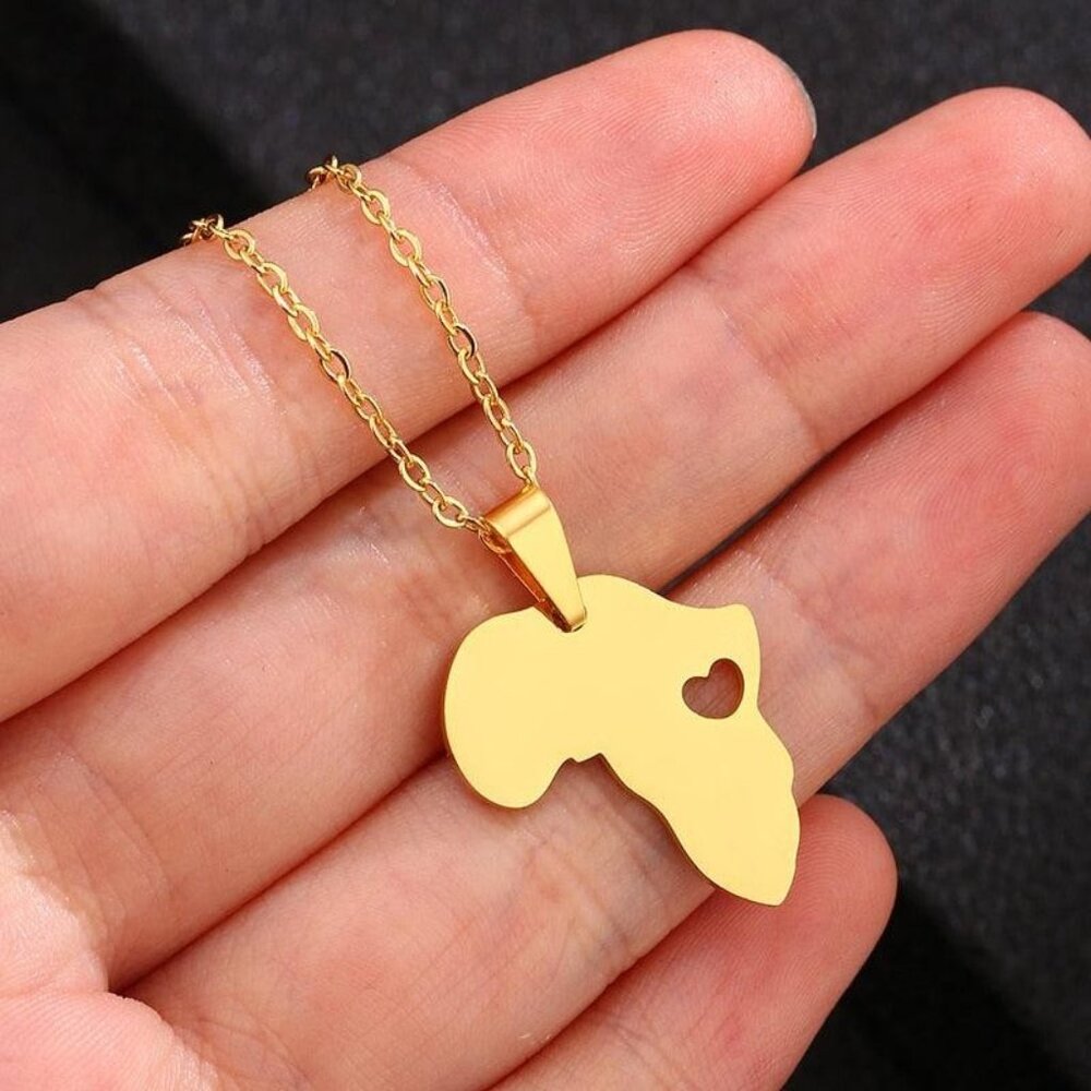 Gold Africa Map Necklace Heart Pendant Jewelry, Women Men Gift, Stainless Steel